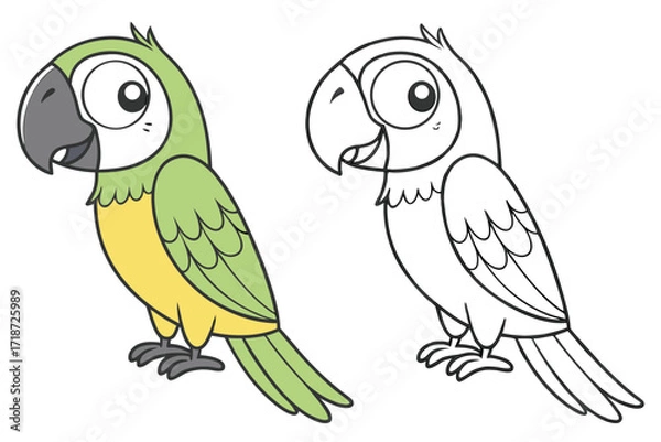 Fototapeta Green and yellow parrot coloring page with outline Keywords: parrot, coloring book, illustration