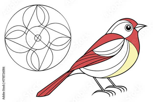 Fototapeta Red and Yellow Bird with Geometric Circle Design robin