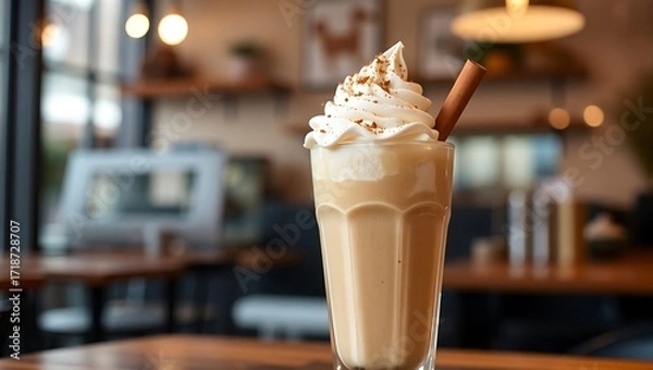Fototapeta Spicy chai milkshake with vanilla ice cream, cinnamon dust on top, warm cozy café background, neutral focus
