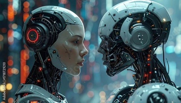 Fototapeta Futuristic androids facing each other