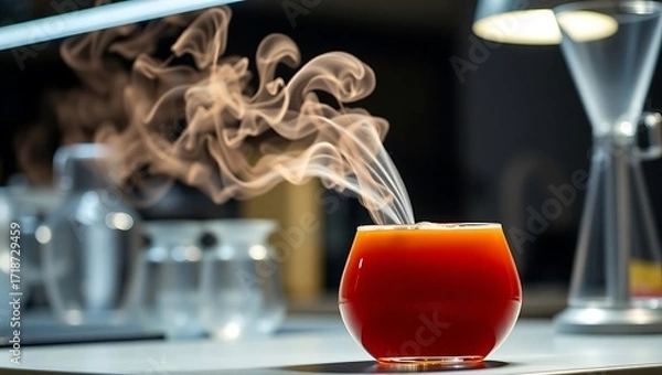 Fototapeta Siphon-brewed coffee served hot in a flask, with steam curling in dramatic lighting on a lab-style counter