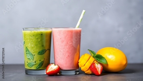 Fototapeta Smoothie trio in a row green (spinach), pink (strawberry), yellow (mango), clean ad-style layout