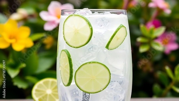 Fototapeta Sparkling cucumber-lime cooler in a curved glass, condensation droplets, botanical backdrop