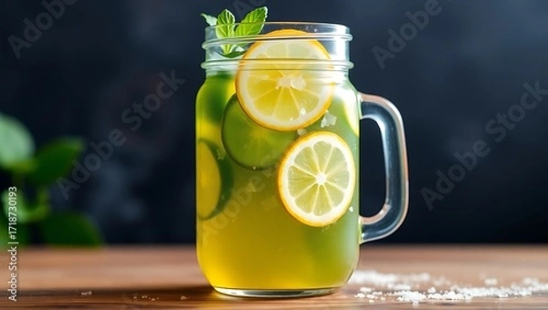 Fototapeta Sparkling green tea with lemon slices and cucumber, in a mason jar with a frosty appearance