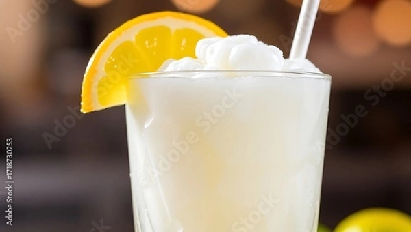 Fototapeta Sparkling lemon-lime float with lemon sorbet, citrus wedges on glass rim, icy condensation, vibrant commercial lighting