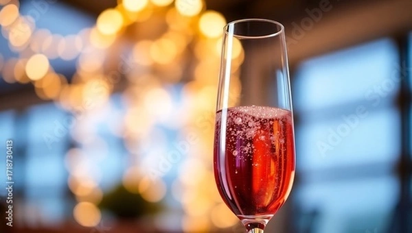 Fototapeta Sparkling rosé in an elegant flute glass, with blurred golden background lights