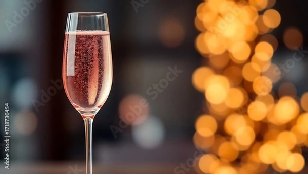Fototapeta Sparkling rosé in an elegant flute glass, with blurred golden background lights