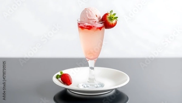 Fototapeta Sparkling strawberry soda float in a flute glass with a scoop of strawberry ice cream, bright and refreshing, glass on white ceramic plate, reflective surface, clean editorial food image