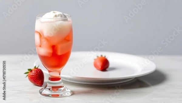 Fototapeta Sparkling strawberry soda float in a flute glass with a scoop of strawberry ice cream, bright and refreshing, glass on white ceramic plate, reflective surface, clean editorial food image