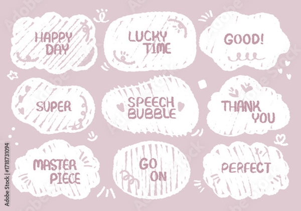 Fototapeta Comic style cute quote colorful speech bubble with positive words. Set of hand drawn memo frame. Cartoon doodle crayon drawing cloud, box, message. Flat vector. Happy Good Luck Thank Perfect Day Go On