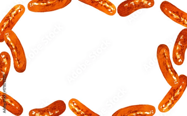 Fototapeta 焼いたウインナーのフレーム　手描き水彩イラスト背景素材