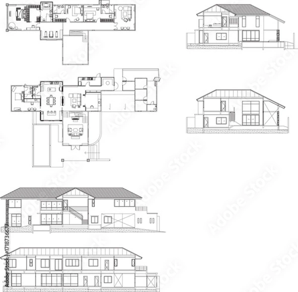Fototapeta Architectural Drawing of 2-Storey Residential Building with Section, Furniture, and Layout Plan