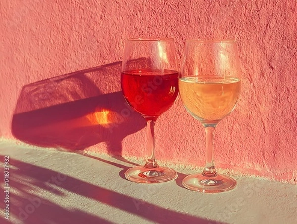 Obraz Two glasses with red and white wine stand in sunlight against a pink wall casting soft shadows outside.