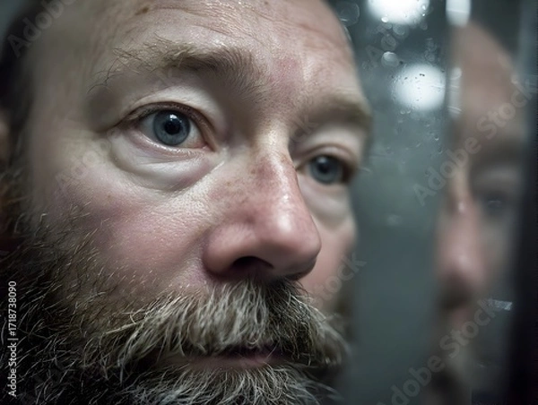 Obraz Anxious man with blue eyes sta intently at his reflection in a slightly dirty, misty bathroom mirror.