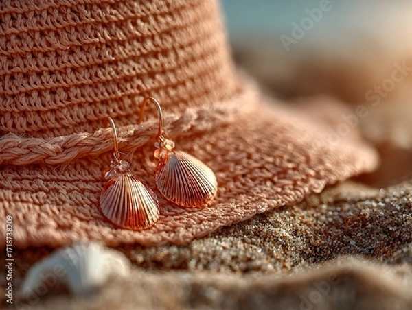 Obraz Golden ears sit gracefully on a woven hat at the beach, illuminated by warm sunlight on vacation.