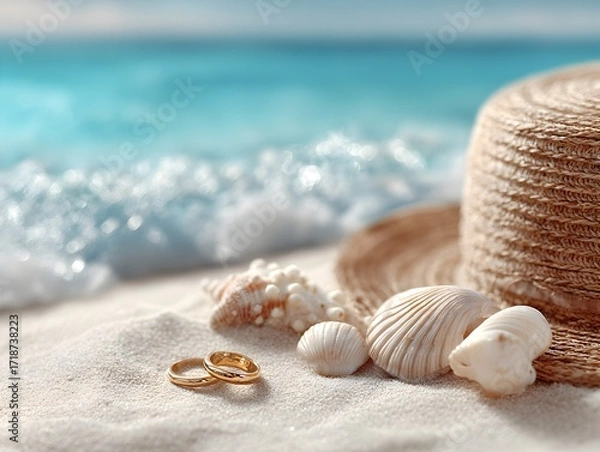 Obraz Golden wedding s rest beside seas and straw sun hat on a tropical beach with turquoise ocean view.