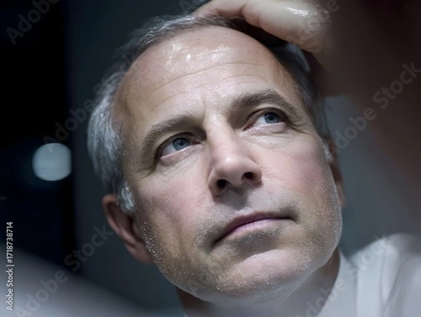 Obraz Mature man with a worried expression runs his fingers through his thinning hair while looking up thoughtfully.