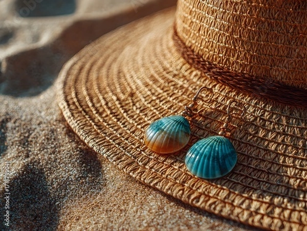 Obraz Sea ears rest on a straw sun hat near tan sand du a relaxing summer vacation on the beach.