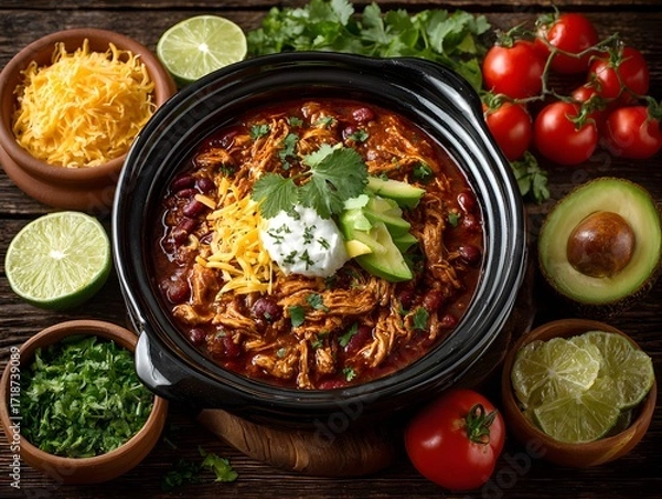 Obraz A delicious bowl of flavorful chili with shredded chicken and toppings sits on a rustic wooden table top.