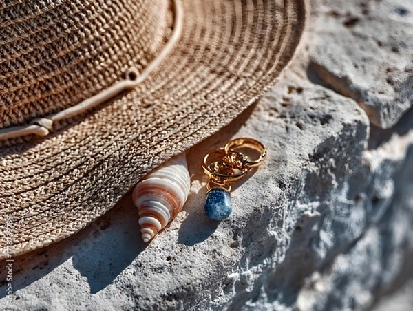 Obraz A summer scene features a straw hat, elegant ears, and a sea displayed on a rocky surface outside.