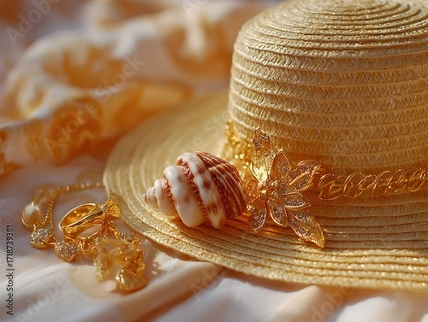 Obraz A straw hat adorned with a sea and golden butterfly rests elegantly on soft, shimme peach fabric.