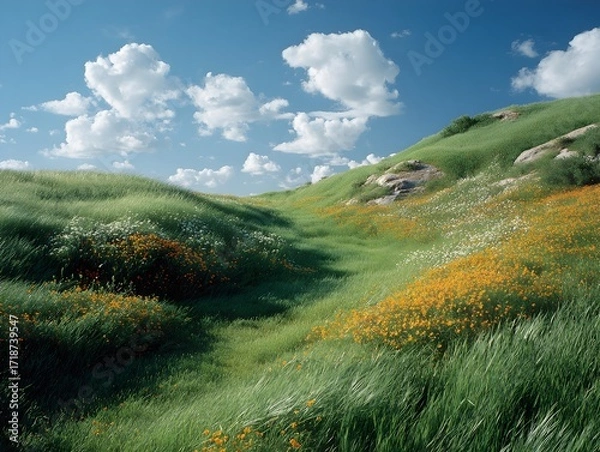 Obraz Green hillside covered in tall grass and wildflowers stretches beneath a bright blue sky filled with clouds.