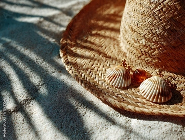 Obraz Woven sun hat adorned with seas rests on the sandy beach under the dd shade of palm fronds.