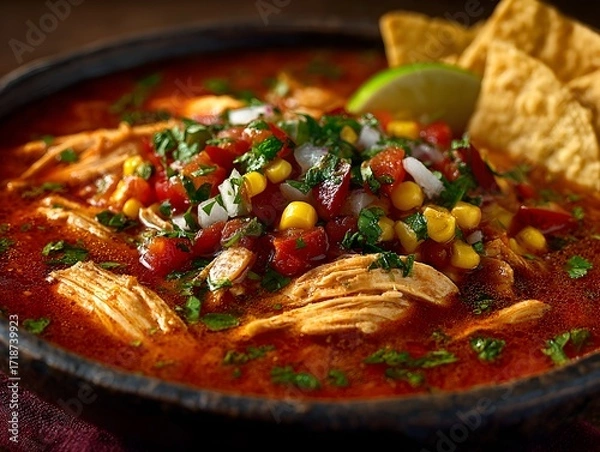 Obraz Delicious and appetizing chicken tortilla soup served in a bowl with lime and crispy tortilla chips.