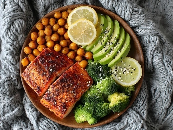 Obraz Overhead view displays grilled salmon with chickpeas, avocado, broccoli, and lemon on a wooden plate.