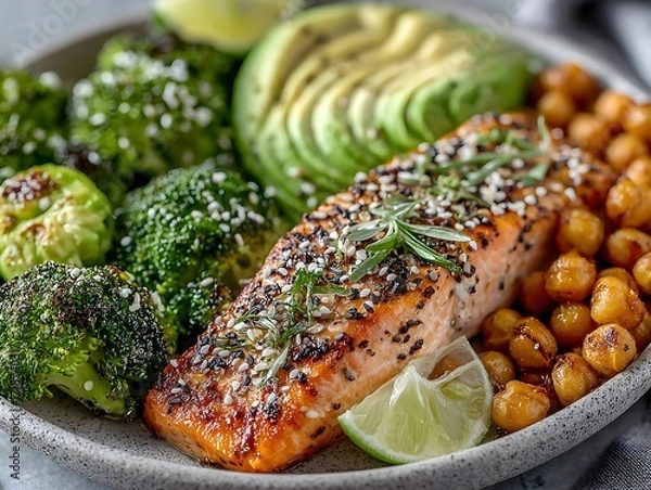 Obraz Delicious grilled salmon with roasted chickpeas, broccoli florets, and fresh avocado slices served on plate.