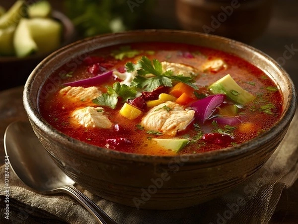 Obraz A flavorful bowl of colorful chicken tortilla soup garnished with fresh cilantro rests on a rustic linen cloth.