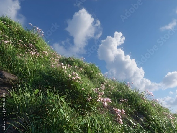 Obraz Lush green hillside covered in delicate pink flowers stretches up towards a bright blue sky with white clouds.