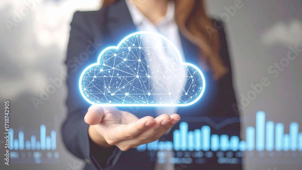 Obraz Businessman holding a glowing digital cloud hologram symbolizing cloud computing, data storage, digital security, and modern technology. Perfect for concepts of innovation, IT services, cloud network,