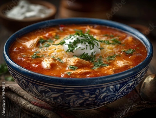 Obraz Delicious and hearty chicken tortilla soup is served in a decorative bowl garnished with cream and herbs.