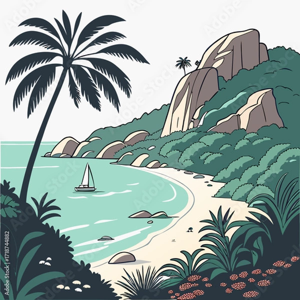 Fototapeta Tropical bay with sailboat and palm tree beach ocean