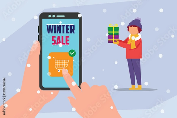 Fototapeta A person uses a mobile phone to shop for winter sales, with a man offering a gift box on a snowy background 2d flat vector illustration
