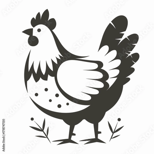 Fototapeta This artwork features a hen with distinct patterns standing on two legs. It is surrounded by small greenery, showcasing a rustic and playful style.