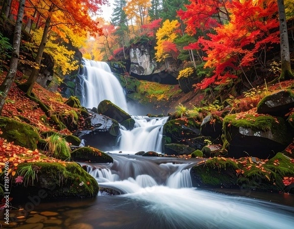 Obraz Vibrant Autumn Waterfall Cascading Through a Lush Forest with Fiery Foliage