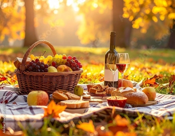 Obraz Autumn Picnic in the Park Basket of Fruit, Wine, and Golden Leaves on a Sunny Afternoon