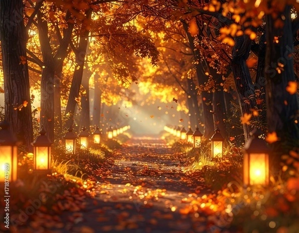 Obraz Golden Autumn Path Lanterns Illuminate a Scenic Forest Walk in Ultra Realistic 8k