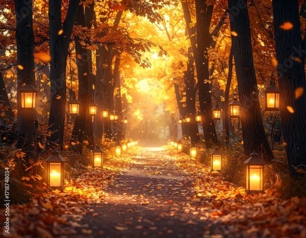 Obraz A magical autumn forest path adorned with numerous glowing lanterns, casting a warm golden light through the vibrant fall foliage, inviting peaceful exploration