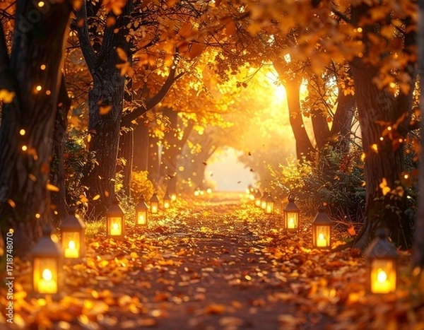 Obraz A breathtaking autumnal pathway adorned with numerous luminous lanterns, creating a magical ambiance amidst a carpet of brilliant fallen leaves and golden light