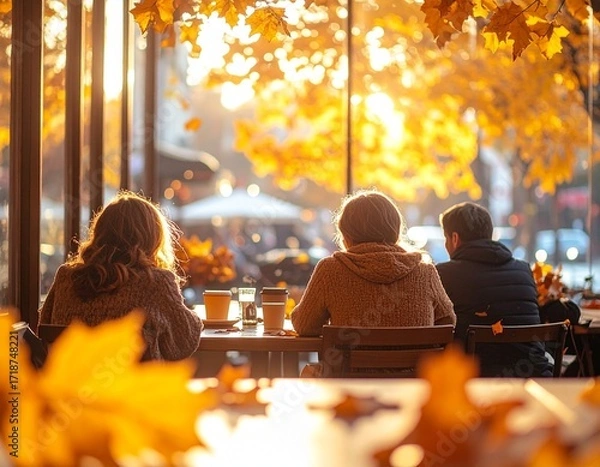 Obraz Friends gather at a sun-drenched outdoor cafe, enjoying warm drinks amidst the vibrant golden hues of autumn foliage, creating a cozy and inviting seasonal atmosphere
