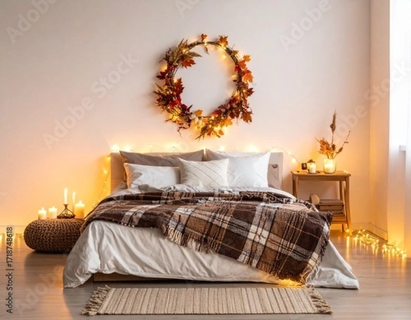 Obraz A cozy and inviting bedroom interior decorated for the autumn season, featuring a warm plaid blanket, glowing candles, and a festive fall wreath