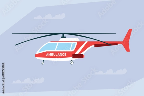 Fototapeta Air Medical Ambulance Helicopter, A Red and White Helicopter Flying in the Sky. 2d flat vector illustration