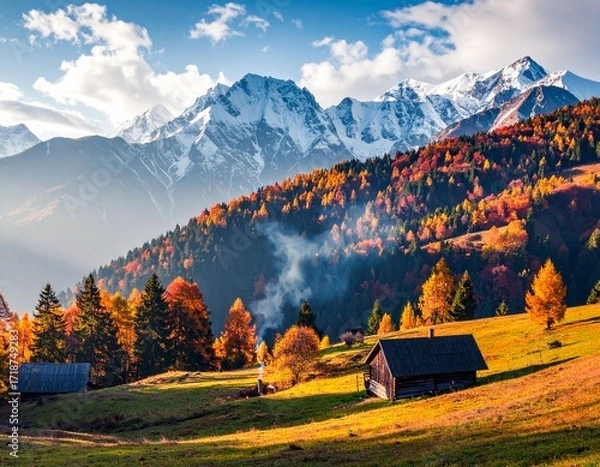 Obraz Autumnal Mountain Valley Vivid Colors of Fall with Snow-Capped Peaks