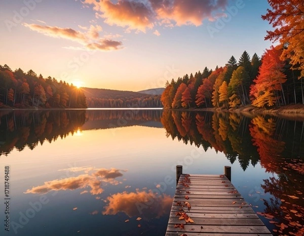 Obraz Vibrant autumn landscape with a tranquil lake reflecting colorful forest trees and a golden sunset sky, featuring a rustic wooden pier creating a serene and picturesque outdoor scene