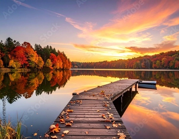 Obraz Serene Autumn Lake with Wooden Pier at Sunset, Vibrant Fall Foliage Reflected in Calm Water