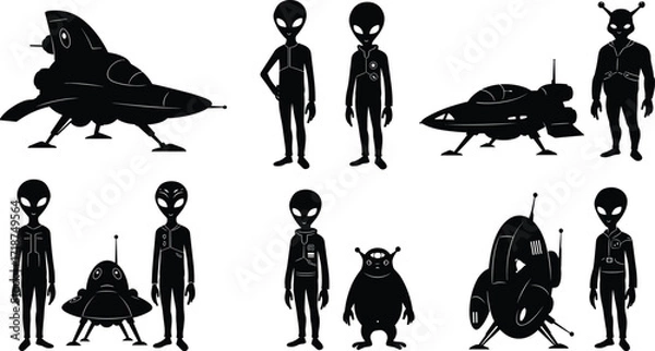 Fototapeta Alien characters with spaceships, extraterrestrial beings in futuristic design, science fiction silhouettes, outer space creatures and UFO spacecraft illustration collection for artwork