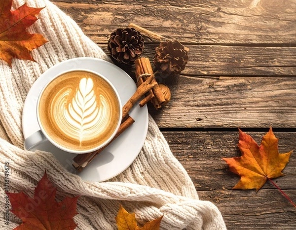 Obraz Coffee cup, autumn leaves, pine cones, and cinnamon sticks on wooden table